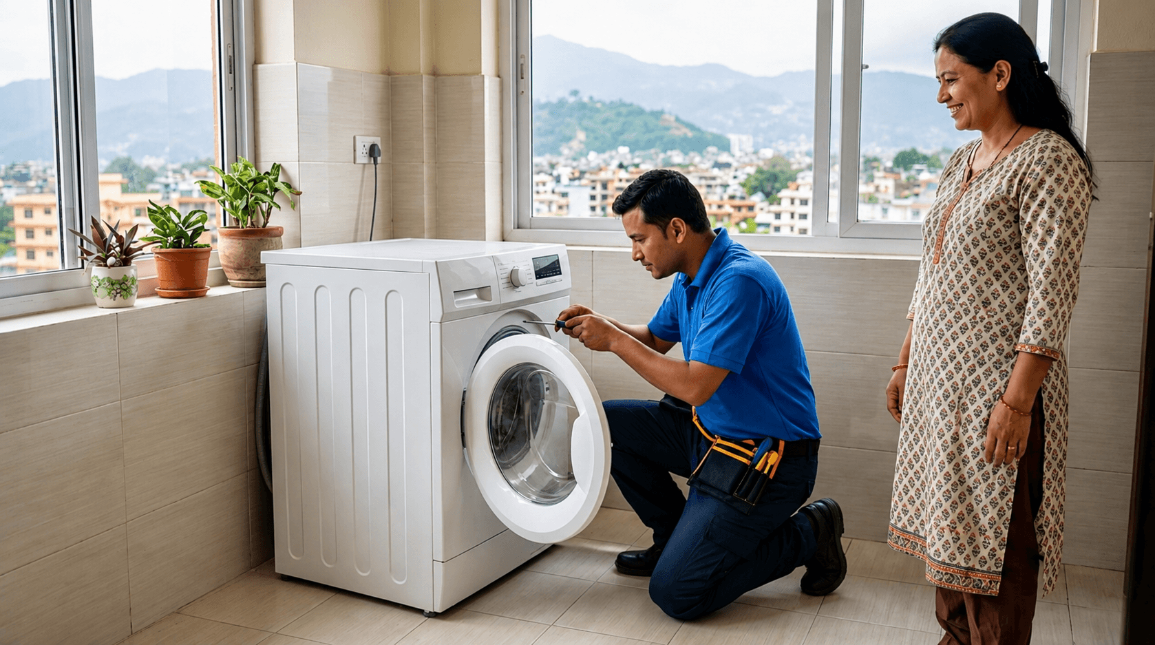 Technician repairing a washing machine in a Kathmandu home